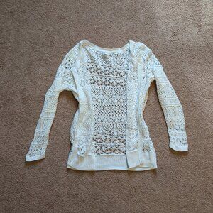 100% Cotton Open Weave White Long Sleeve Crew Neck Cardigan Large